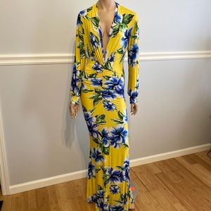 Vintage long sleeve yellow floral dress with slit
